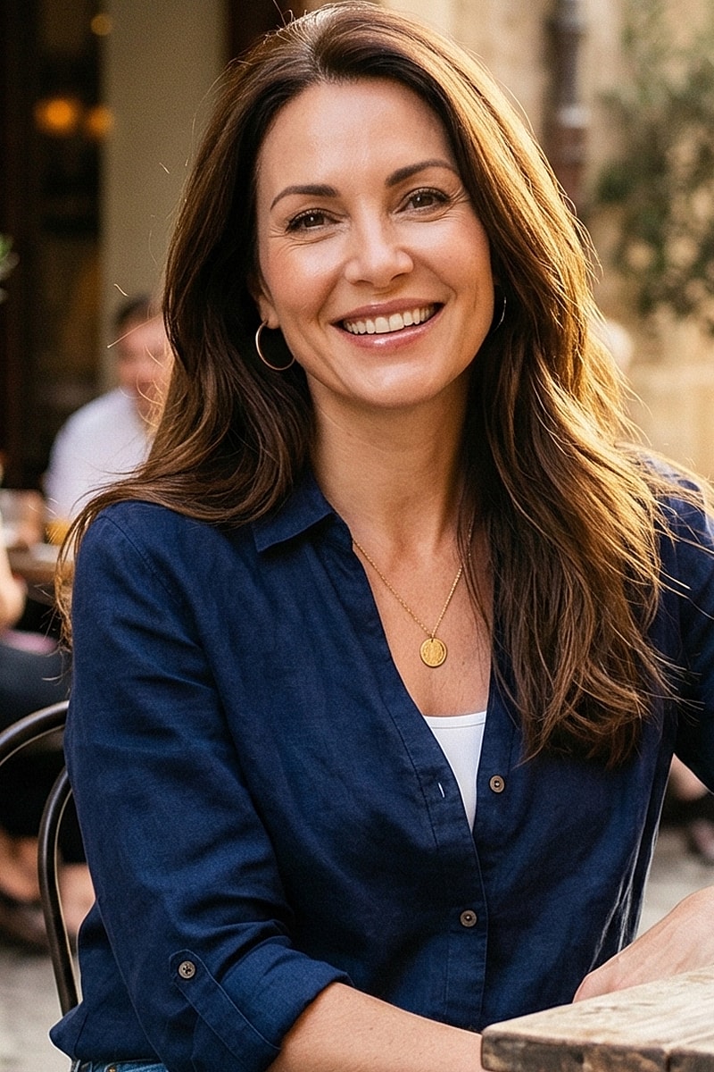 Smiling woman sitting at outdoor café.