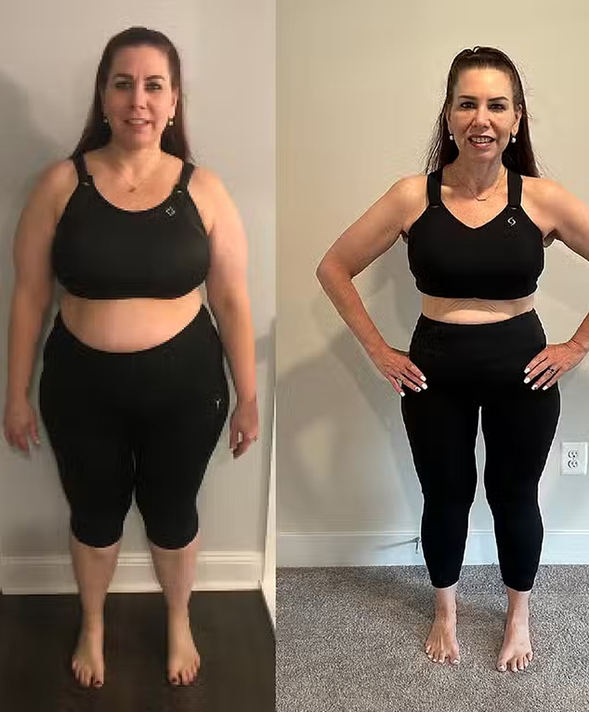 Before and after fitness transformation photo.