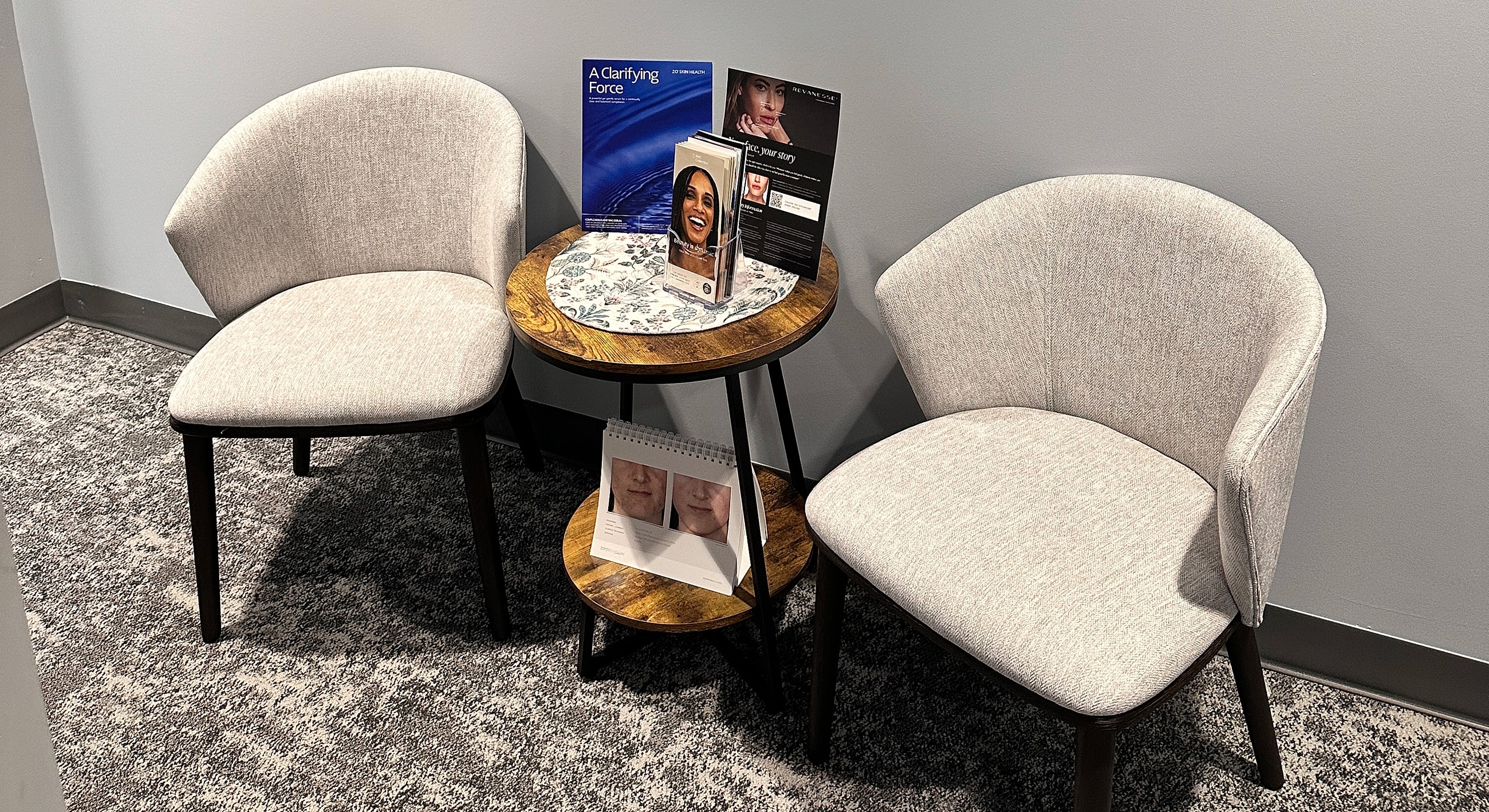 Waiting area with chairs and informational brochures.